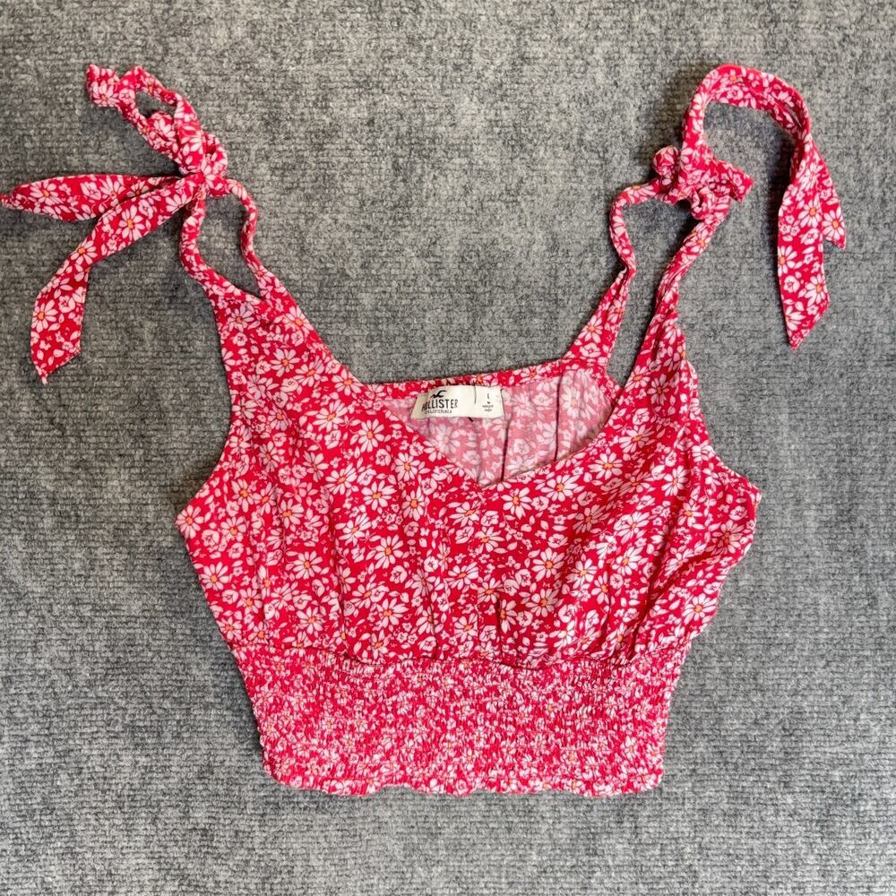 Hollister Floral Tie Strap Crop Top Womens Size S Red White Smocked Cami